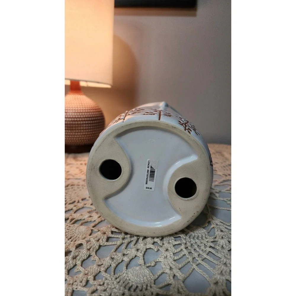 Bath & Body‎ Works Ceramic Owl Candle Holder Pedestal White w/ Brown Leaves Fall